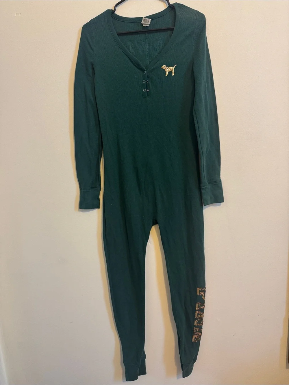 Victoria's Secret Dark Green One-Piece Footie Pajama with Gold Dog Accent - Picture 1 of 3
